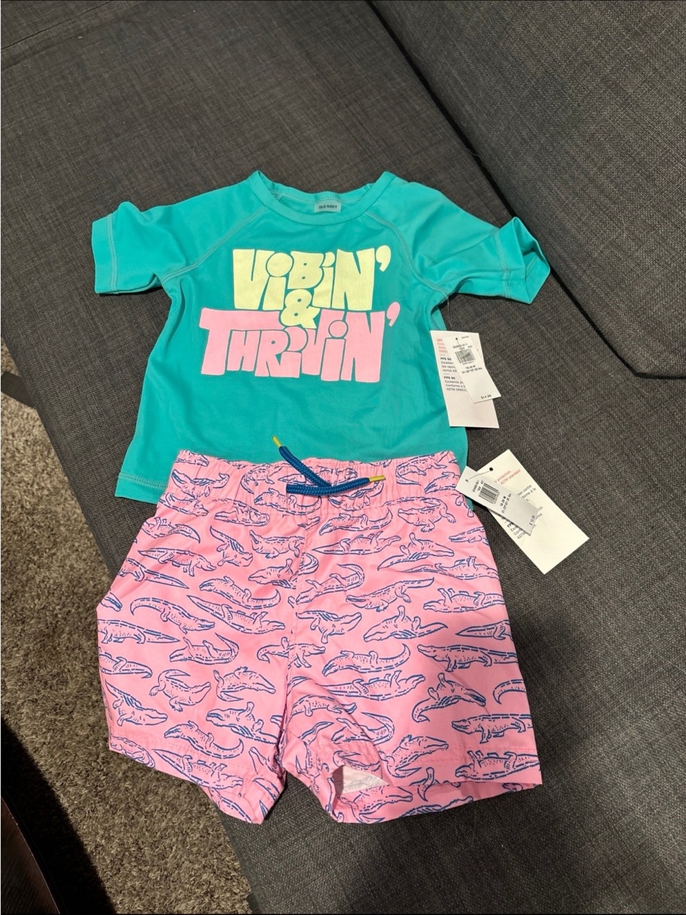 Old Navy Teal Rash Guard with Pink Shark Print Swim Shorts 18-24 months